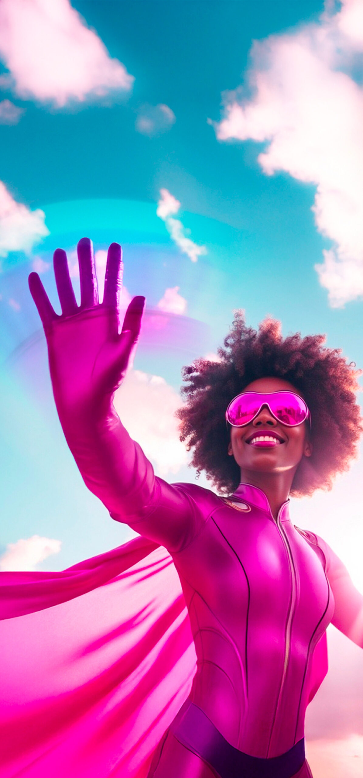 A superhero character welcoming people, inviting them to contact Bazaart.