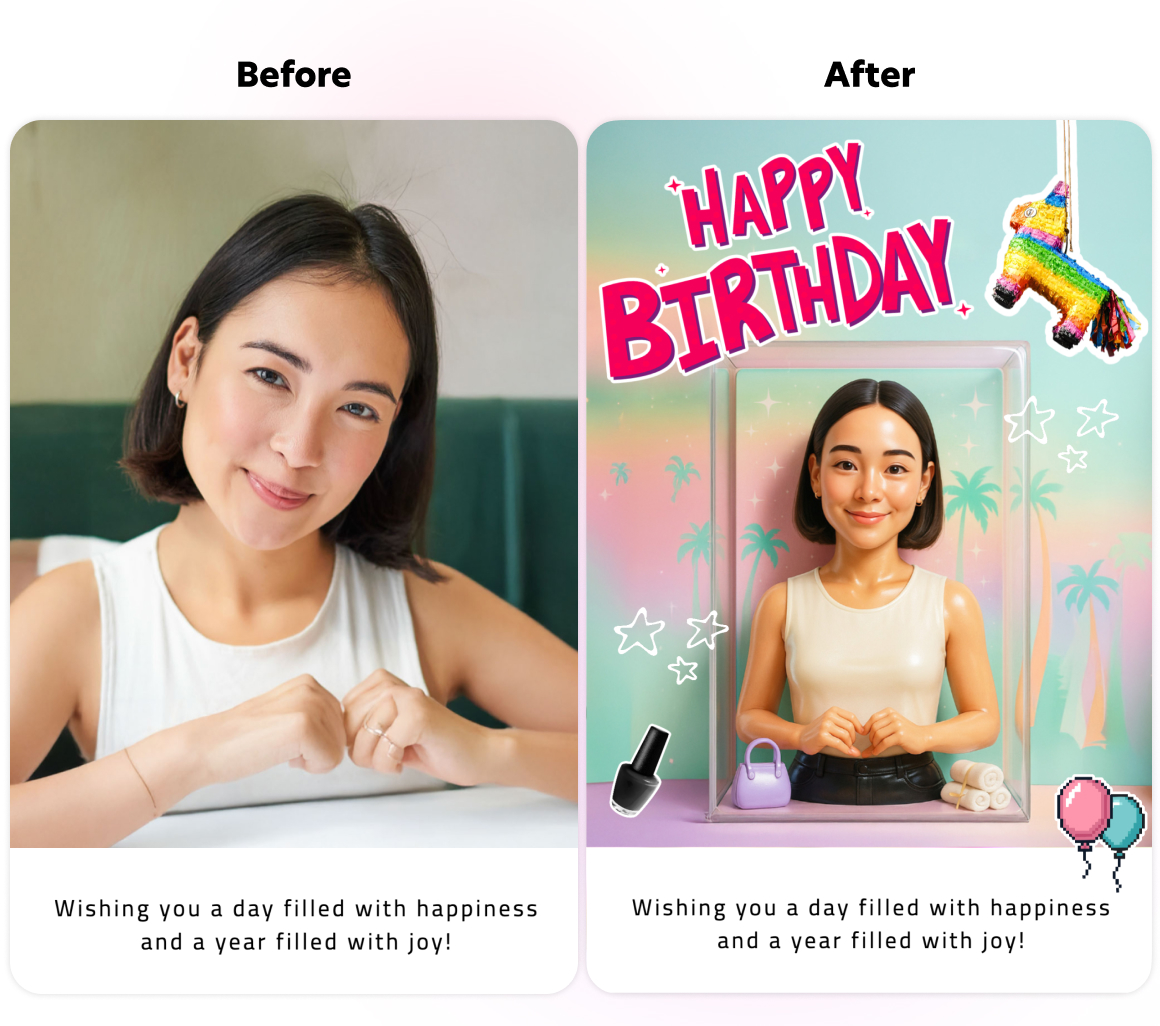 AI action-figure birthday card: Bazaart avatar generator packs selfie into retro blister box with party graphics.
