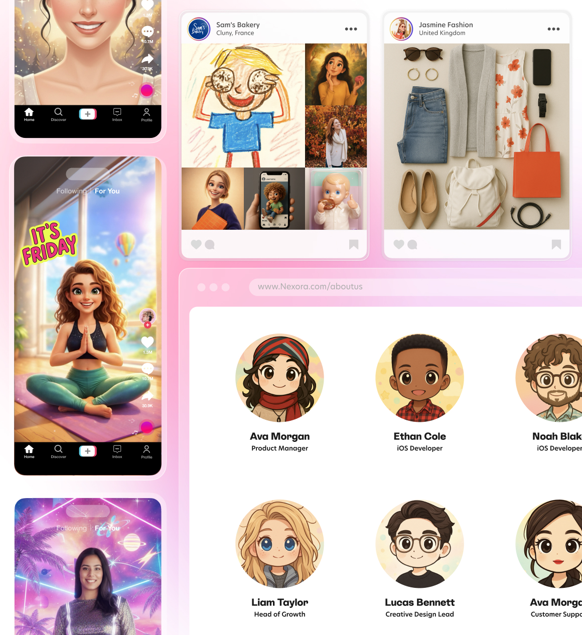 AI avatar generator use cases: Pop doll TikTok, social post with multiple styles, anime team profile pics.
