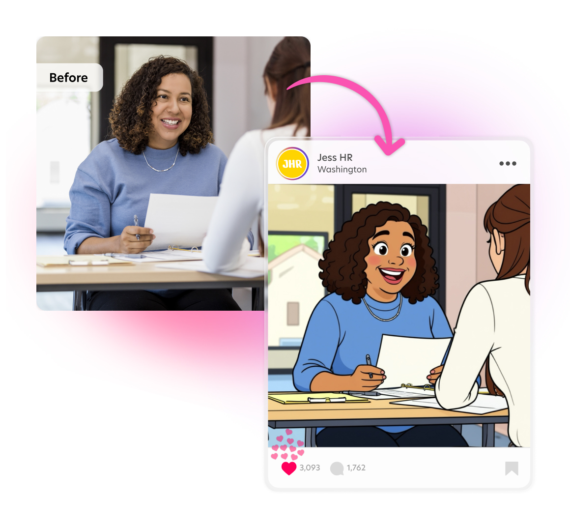 AI avatar generator transforms HR consultant photo into Pop-doll avatar for engaging LinkedIn or Instagram post.