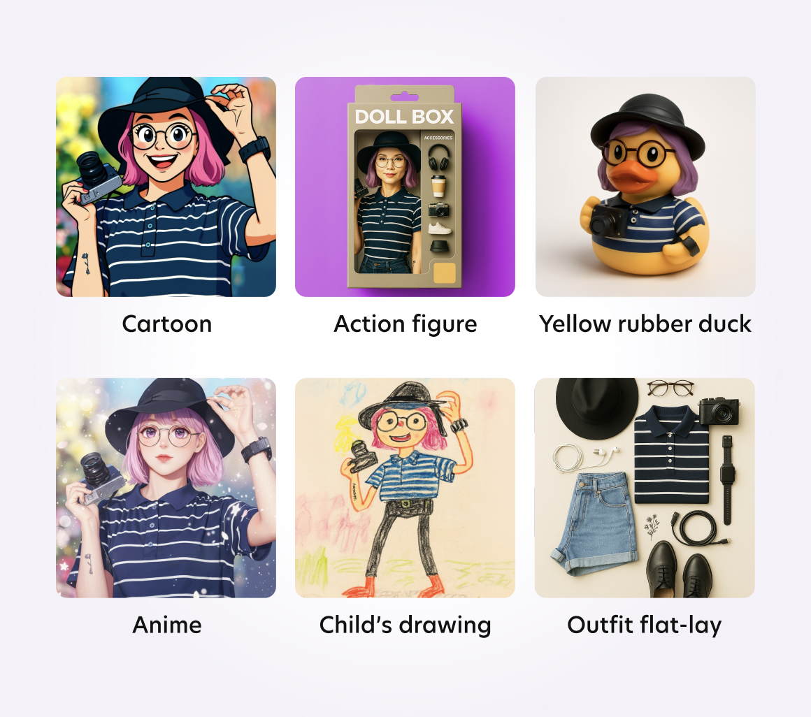 Six AI avatar styles—Pop doll, action figure, rubber duck, muppet, child’s drawing, outfit flat-lay—created in Bazaart.