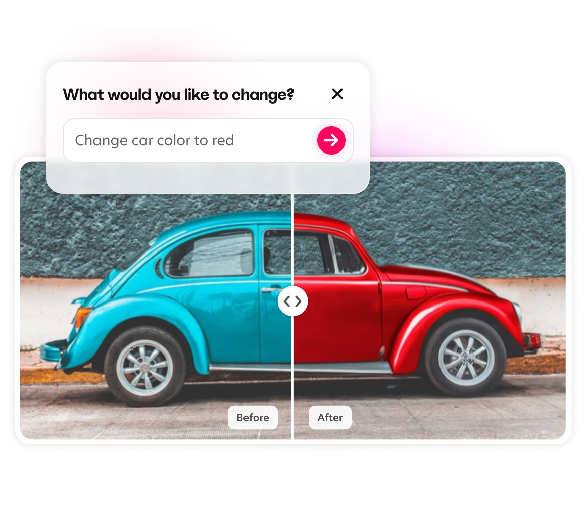 AI-powered photo editing - changing car color from blue to red, before and after transformation.