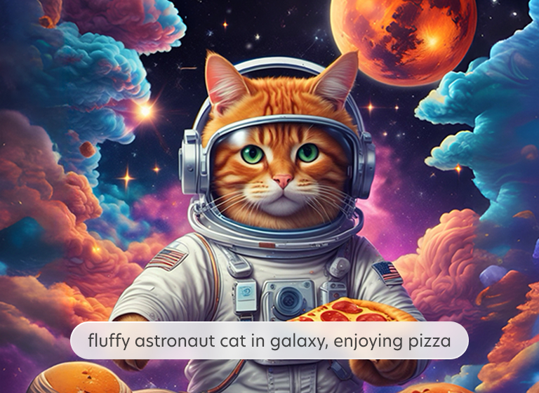 Bazaart AI text-to-image example - prompt “fluffy astronaut cat in galaxy enjoying pizza” generates playful space art image.