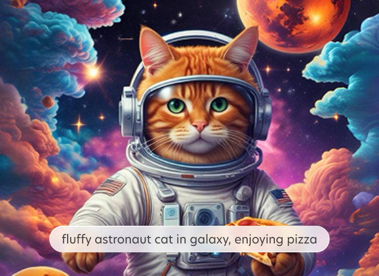 Bazaart AI text-to-image example - prompt “fluffy astronaut cat in galaxy enjoying pizza” generates playful space art image.