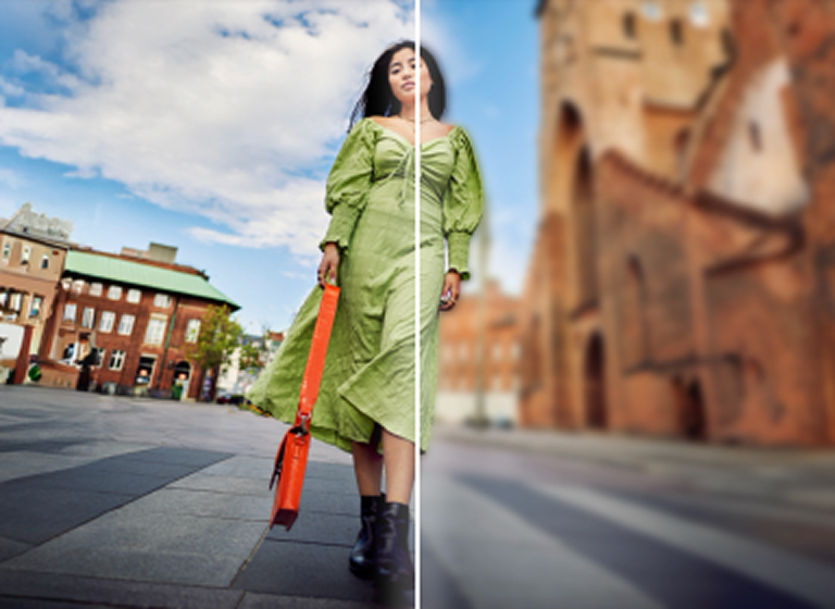 Bazaart AI Blur background - split view in which left side clear city street fashion shot, right side depth-blurred backdrop for pro portrait effect.