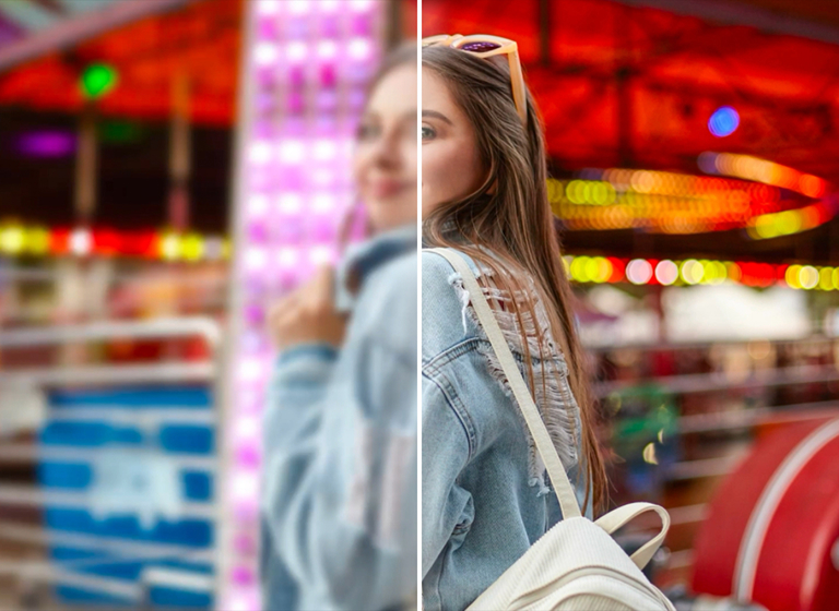 Bazaart AI Enhance image split view - left side blurry carnival photo, right side AI-upscaled to sharp HD quality.