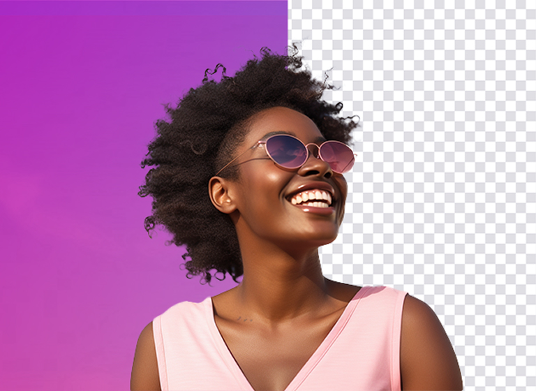 Bazaart AI Remove background - split preview of woman in pink top on vibrant purple backdrop being isolated to transparent background like in a PNG image.