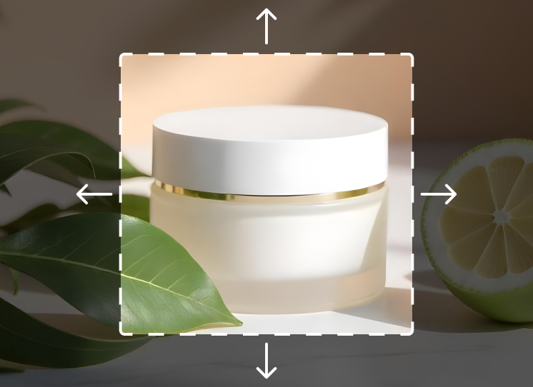 Bazaart AI Expand photo - square skin-care product shot being uncropped outward by generative AI to fit a landscape proportion.