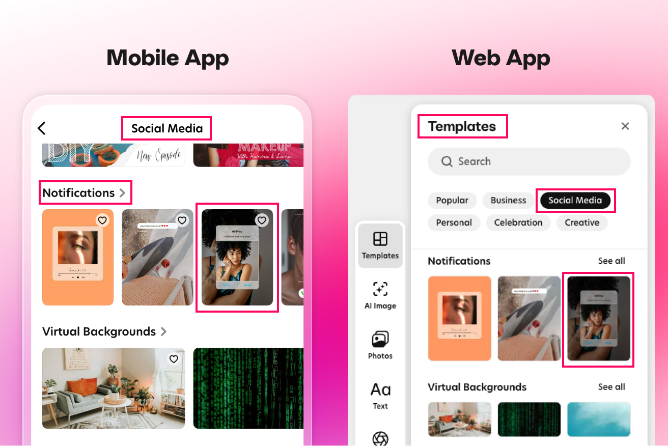 Finding the cool AirDrop notification template on Bazaart, perfect for a product post for social media.