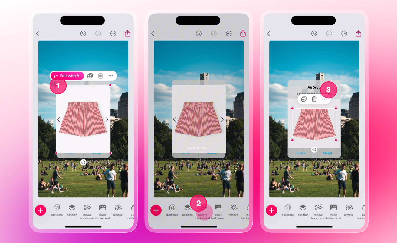 Positioning and removing background from product shot in AirDrop notification product post for social media.