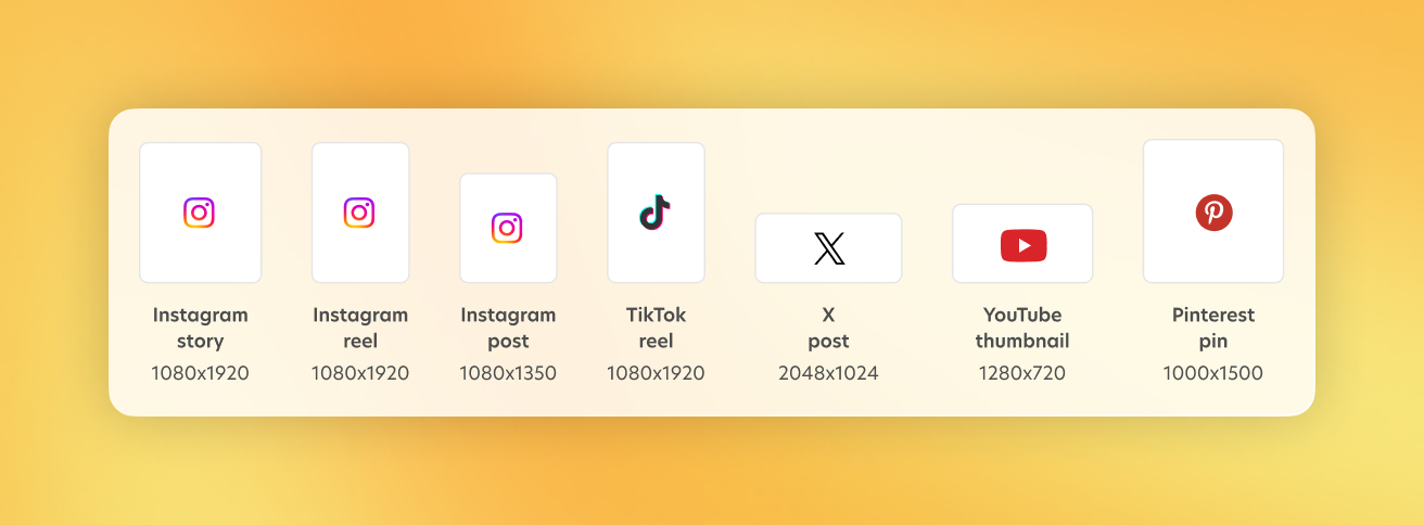 Preset sizes for social media stories, posts, reels, tiktoks, thumbnails and pins on Bazaart.