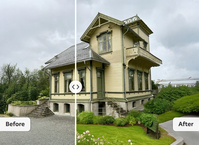 AI home staging before and after: Bazaart Restyle brightens, enhances and stages a house photo for a polished real estate listing.