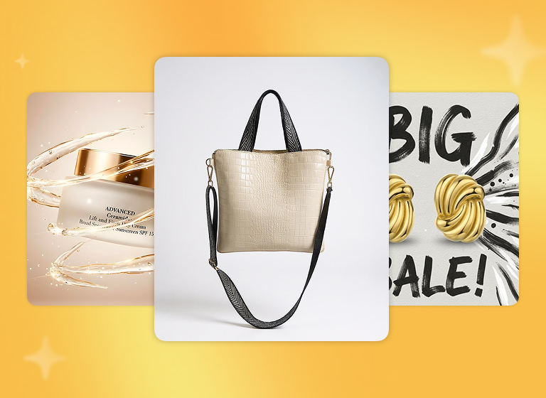 Product photos made with Bazaart: bag, beauty cream, and earrings on clean or styled backgrounds for ecommerce listings and sale ads.