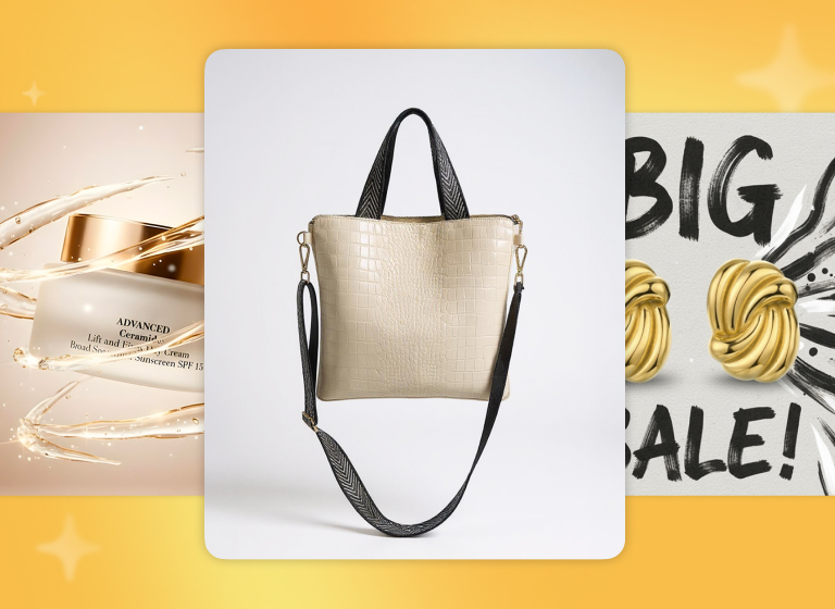 Product photos made with Bazaart: bag, beauty cream, and earrings on clean or styled backgrounds for ecommerce listings and sale ads.