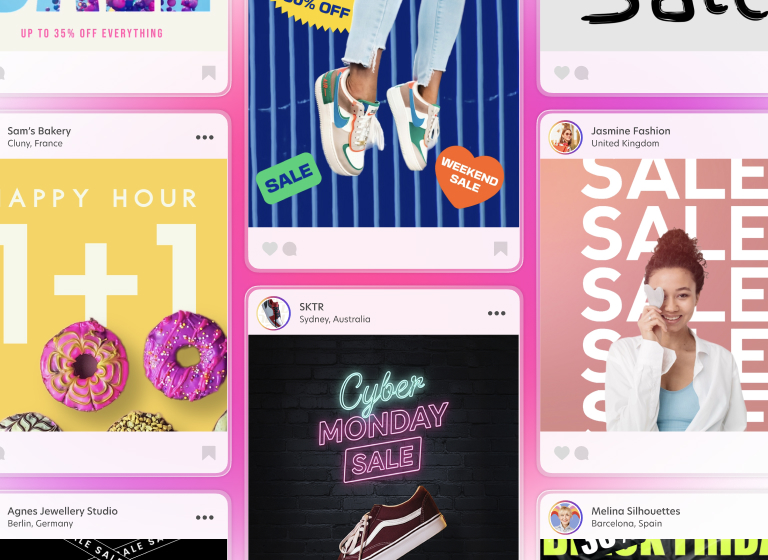 Social media templates for sales and promos in Bazaart, sized for Instagram, TikTok, Facebook, and YouTube.