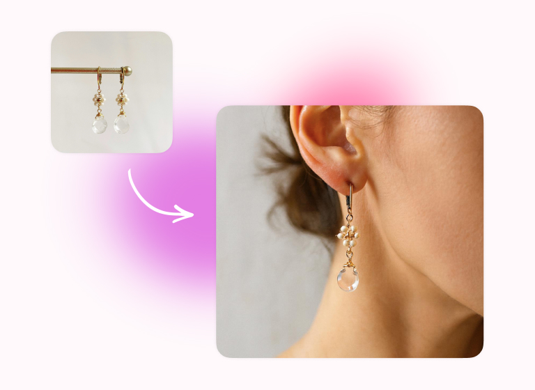 Product photos with virtual models: convert earring product photo into realistic on-model try on for listings.
