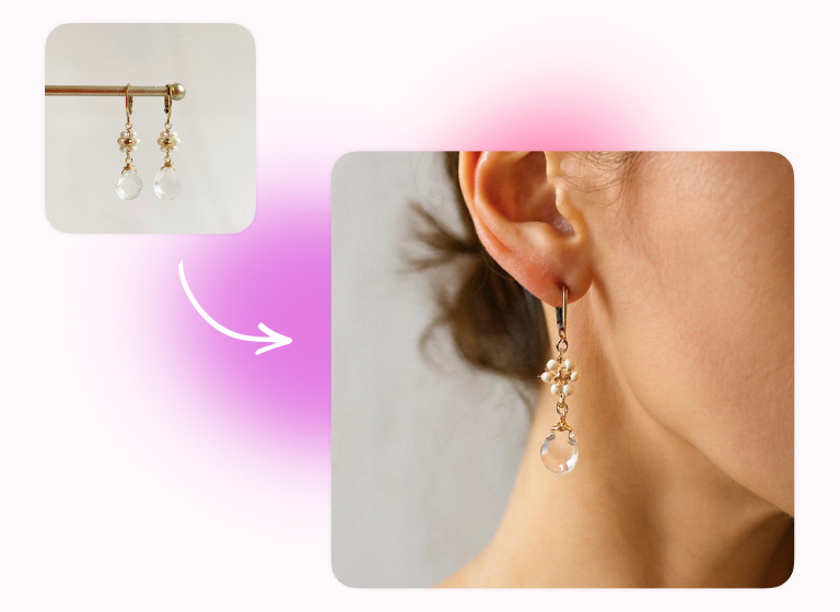 Product photos with virtual models: convert earring product photo into realistic on-model try on for listings.