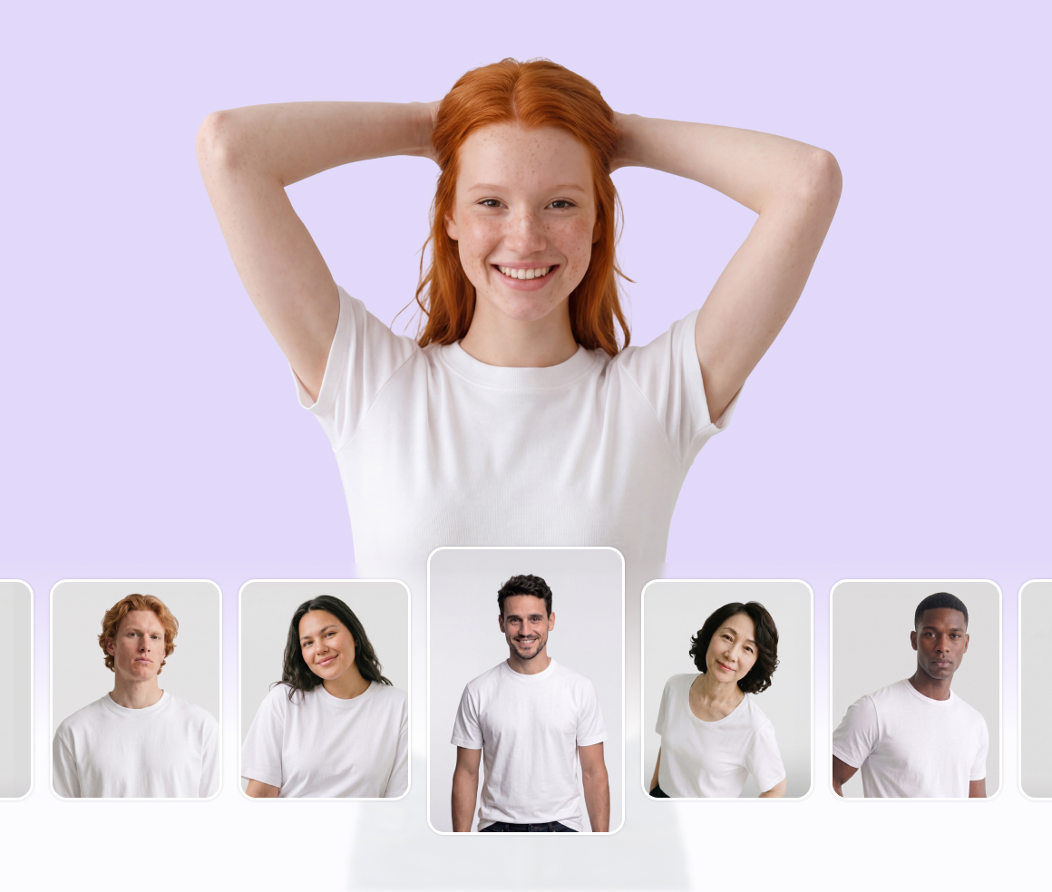 A diverse lineup of AI-generated models, including men and women of various ethnicities and ages, wearing plain white t-shirts against a light purple background to showcase inclusivity.