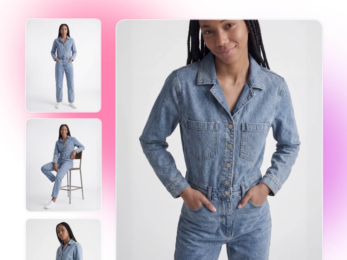 A collage of a female model wearing a blue denim jumpsuit shown from multiple angles: a full-body standing shot, a seated pose on a barstool, and a medium close-up, all set against a soft pink gradient.