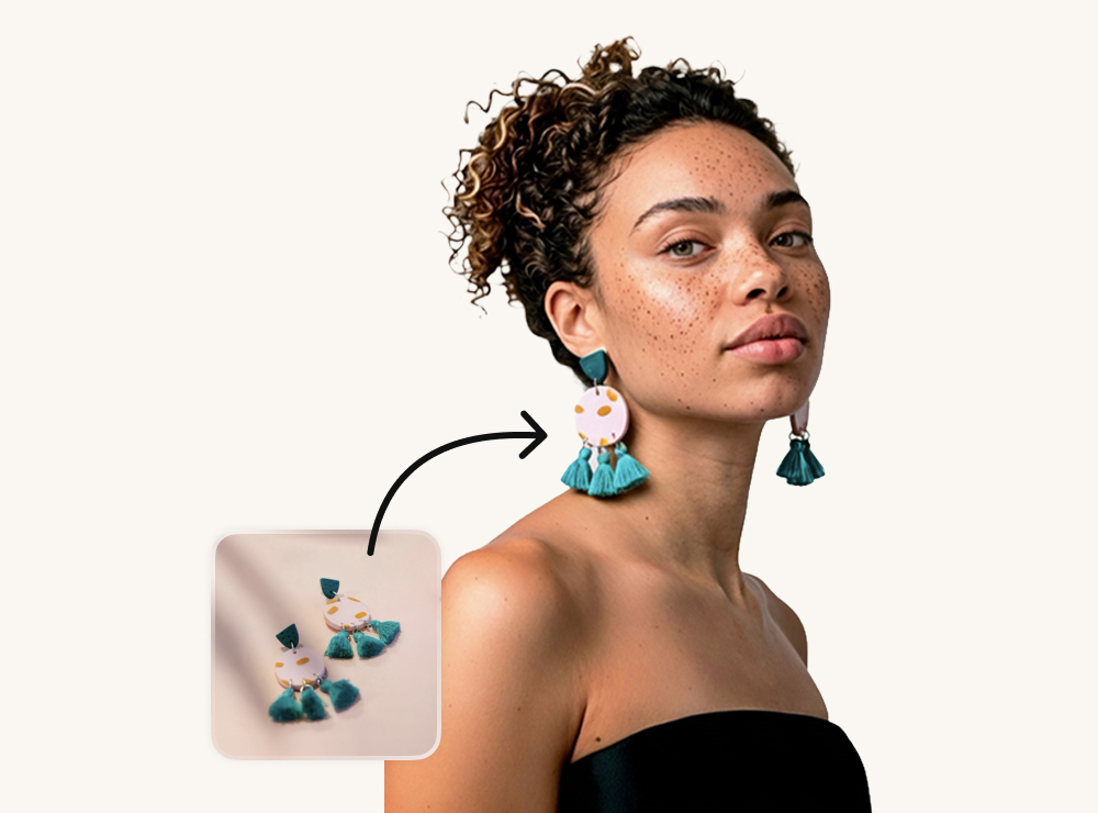 A woman with curly hair tied up wearing pink statement earrings with teal tassels. A small inset photo shows the earrings alone, with a curved arrow demonstrating the virtual try-on process onto the model.