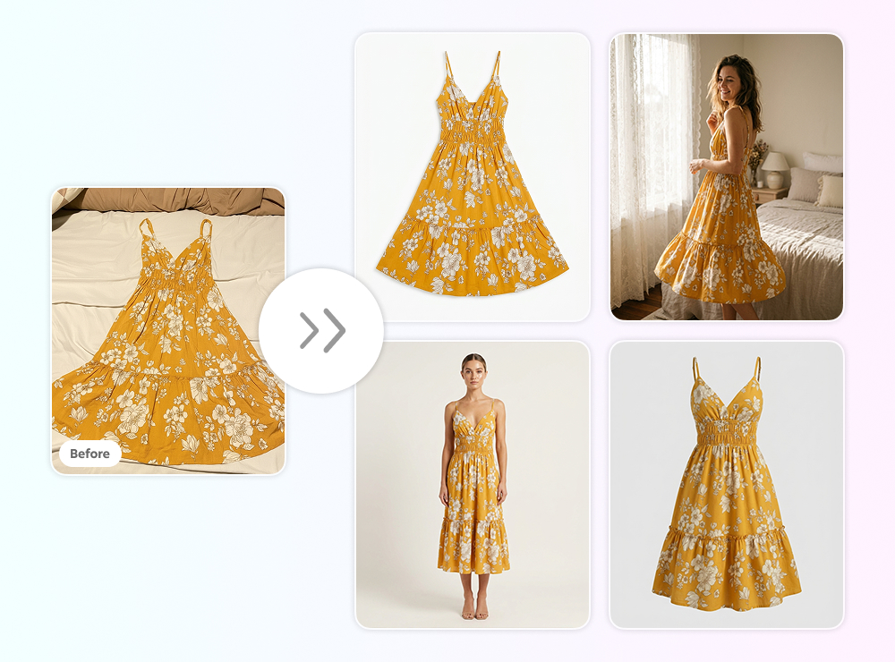 A "before and after" demonstration of AI photo generation for e-commerce. On the left, a flat-lay photo of a yellow floral dress on a bed is labeled "Before." To the right, four AI-generated "After" results show the same dress as a clean ghost mannequin product shot and being worn by models in different studio and lifestyle settings.