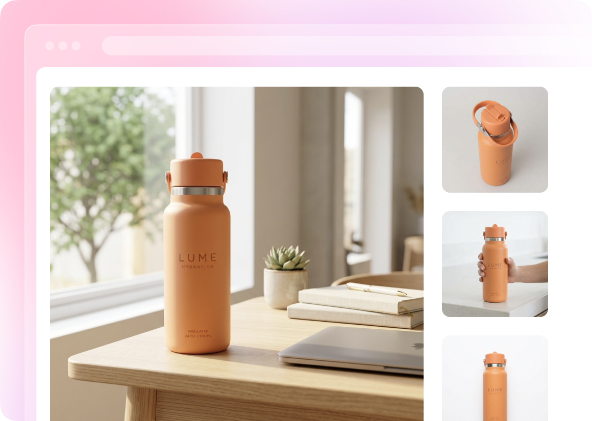 A digital interface showing a product showcase for "LUME Hydration." The main image features a matte orange insulated water bottle sitting on a wooden desk next to a laptop and a small succulent. Smaller thumbnail images on the right show the bottle from a top-down angle, being held by a hand, and a straight-on studio shot.