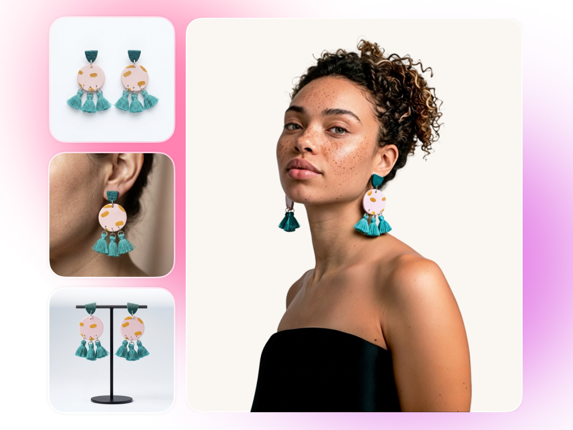A professional jewelry showcase featuring a pair of handmade statement earrings. The earrings consist of a teal stud, a round light-pink clay disc with gold patterns, and three teal tassels hanging at the bottom. The main image shows a woman with freckles and curly hair wearing the earrings, while three smaller thumbnails on the left show the earrings as a flat lay, a close-up on an ear, and displayed on a black jewelry stand.