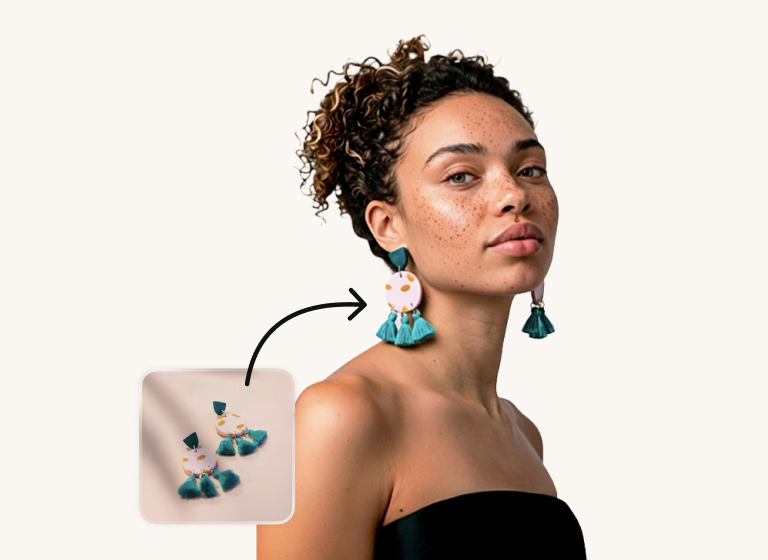 A woman with curly hair tied up wearing pink statement earrings with teal tassels. A small inset photo shows the earrings alone, with a curved arrow demonstrating the virtual try-on process onto the model.
