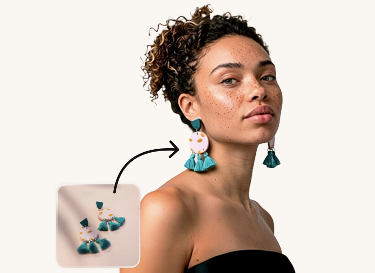 A woman with curly hair tied up wearing pink statement earrings with teal tassels. A small inset photo shows the earrings alone, with a curved arrow demonstrating the virtual try-on process onto the model.
