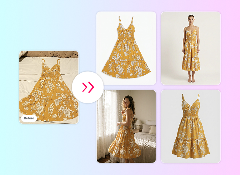 A "before and after" demonstration of AI photo generation for e-commerce. On the left, a flat-lay photo of a yellow floral dress on a bed is labeled "Before." To the right, four AI-generated "After" results show the same dress as a clean ghost mannequin product shot and being worn by models in different studio and lifestyle settings.