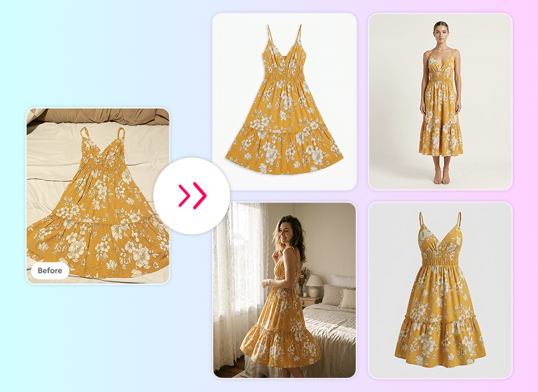 A "before and after" demonstration of AI photo generation for e-commerce. On the left, a flat-lay photo of a yellow floral dress on a bed is labeled "Before." To the right, four AI-generated "After" results show the same dress as a clean ghost mannequin product shot and being worn by models in different studio and lifestyle settings.