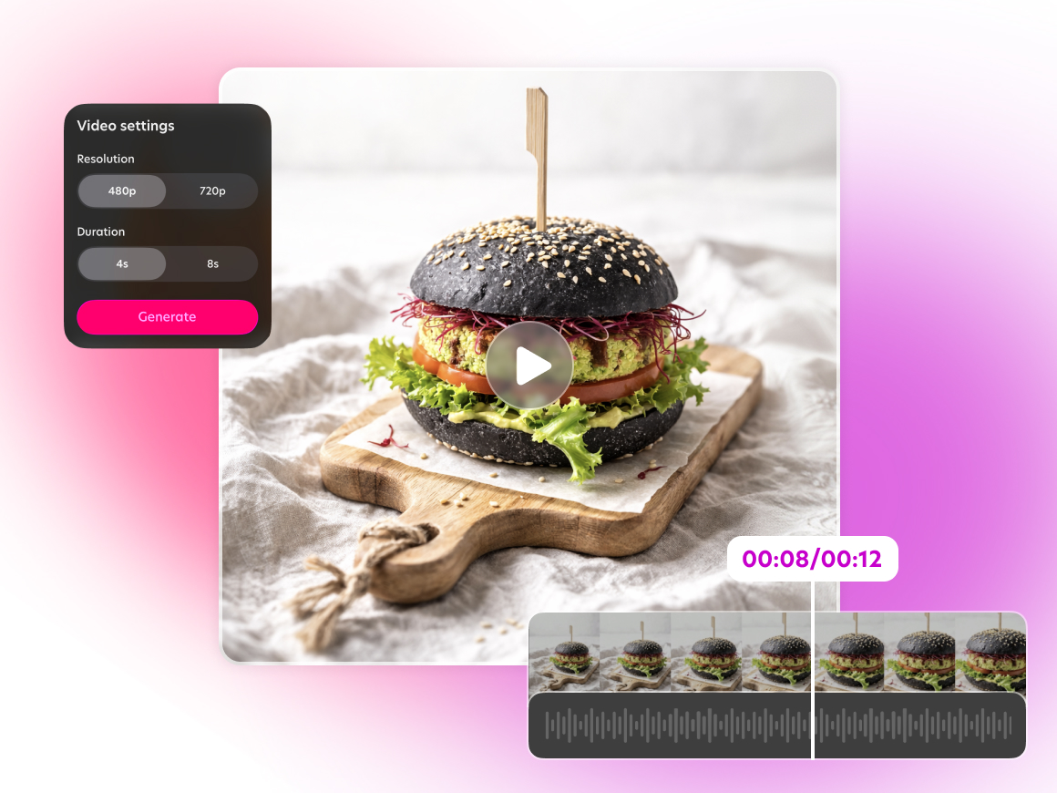 A video editing interface mockup displaying a tall burger in a black bun on a wooden board. It features a video settings panel with resolution and duration options, a 'Generate' button, and a video timeline with an audio waveform at the bottom.