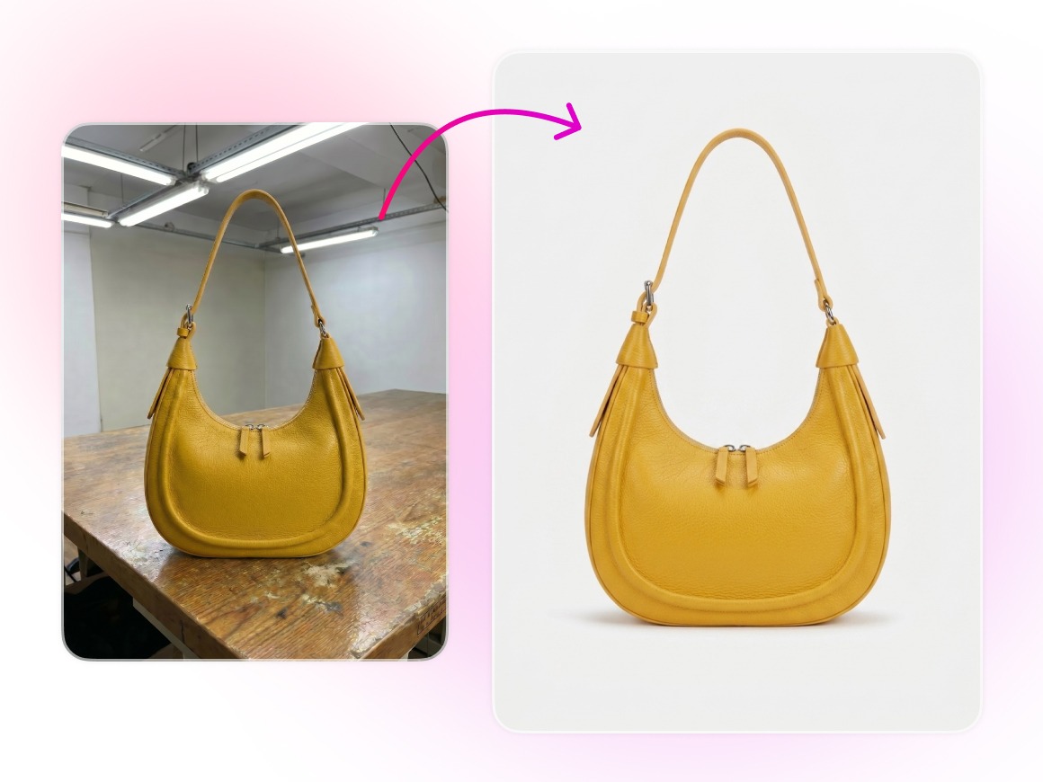Before-and-after of a yellow hobo bag photo enhanced into a polished studio-style product shot with Bazaart AI