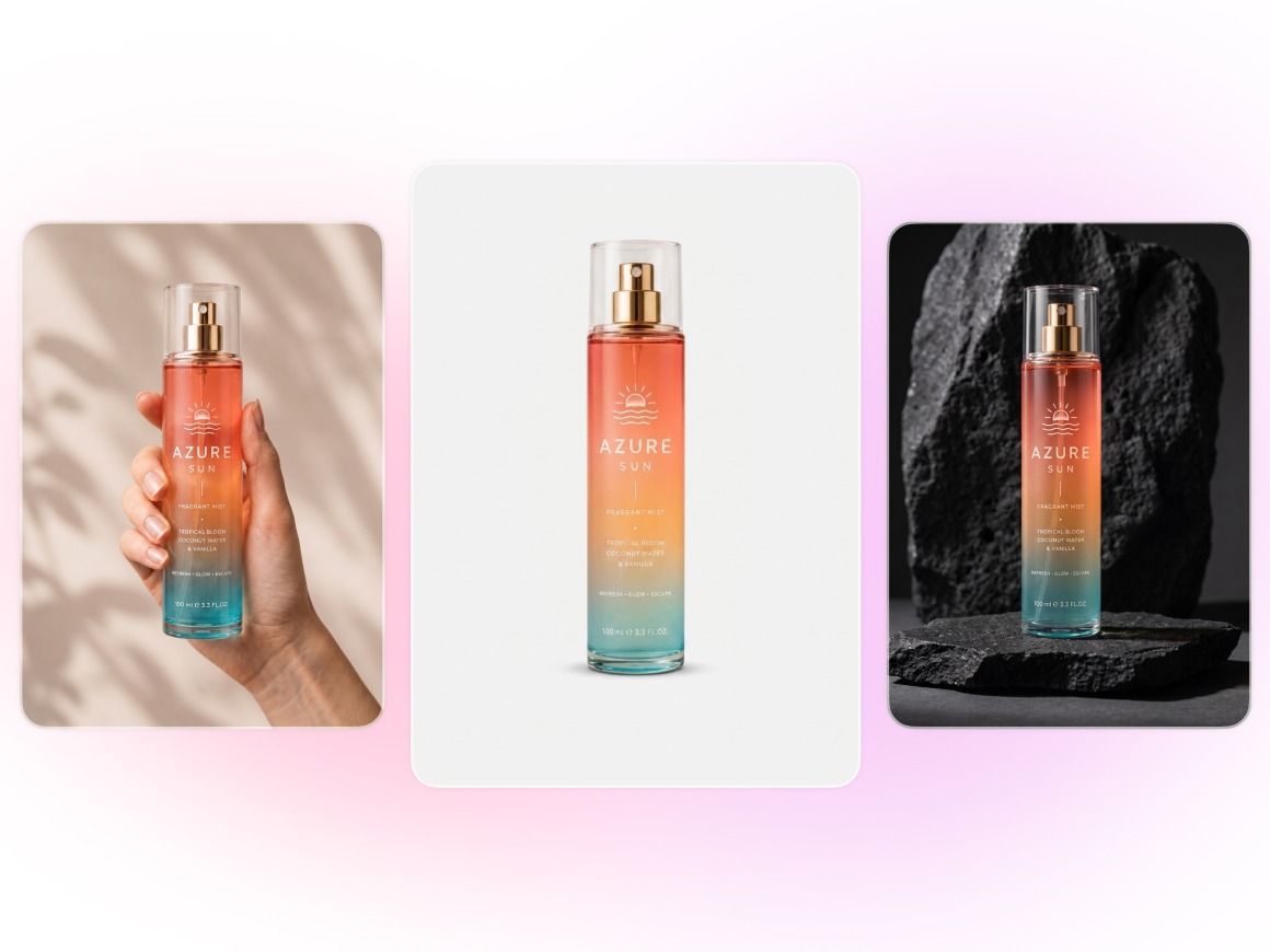 Three styled product shots of Azure Sun fragrant mist bottle