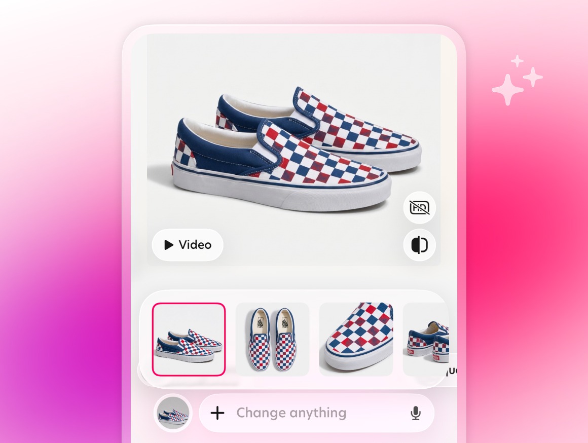 Checkered slip-on sneakers shown in the Bazaart AI Studio app interface with a "Change anything" edit bar