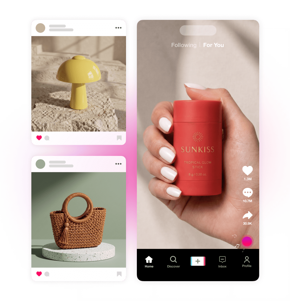 Social media mockups showing product photos sized for feed posts and a TikTok-style video with engagement stats