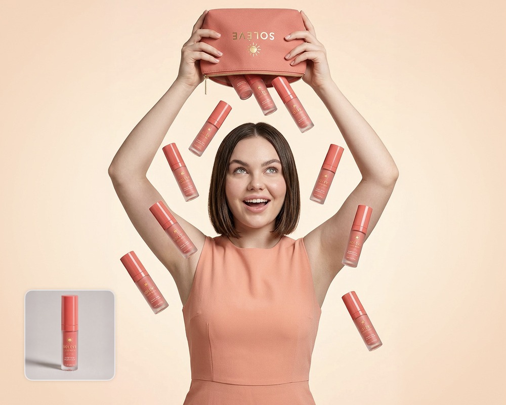 AI-generated campaign image of a smiling woman surrounded by floating Soleve bronzing drop bottles