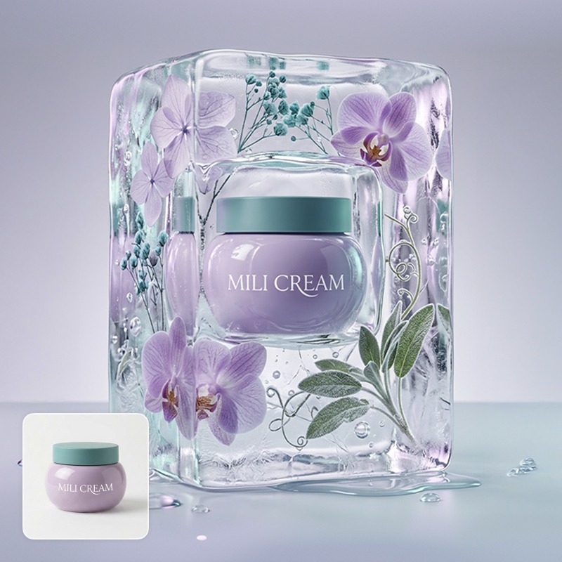 AI-generated product scene showing Mili Cream jar encased in a floral ice block