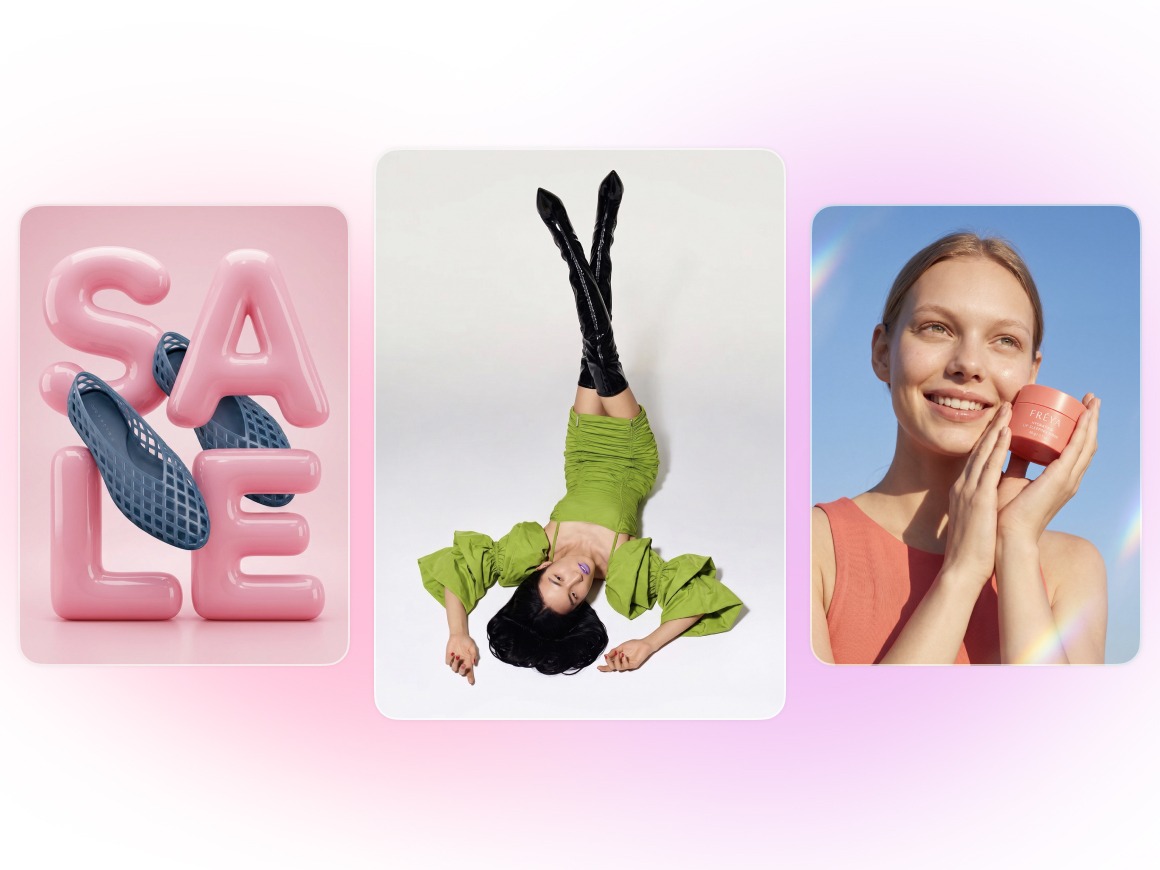 Three AI-generated marketing scenes: an inflatable "Sale" display with sandals, an editorial fashion pose, and a woman holding a Freya cream jar