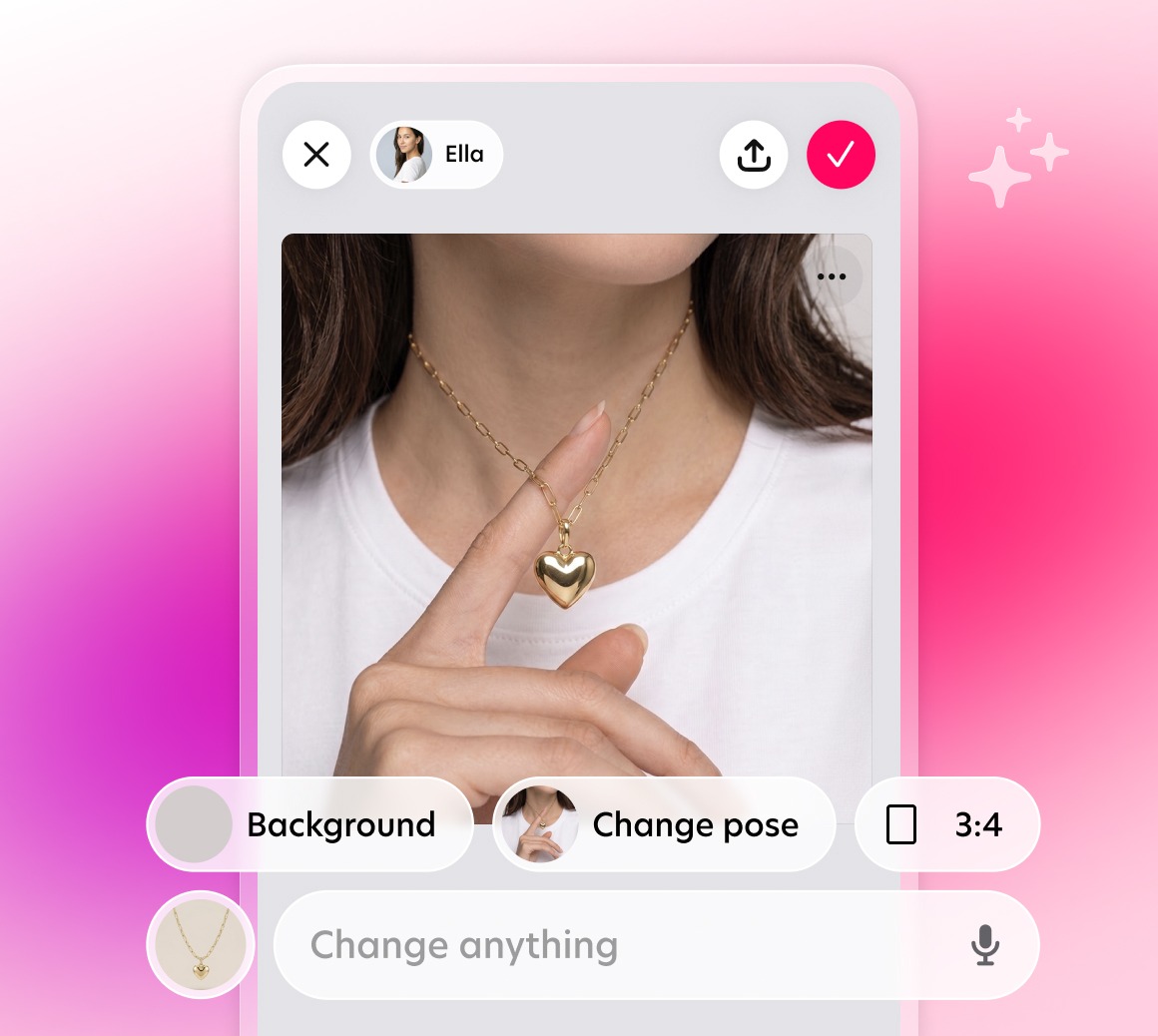 Bazaart AI Studio interface showing a model wearing a heart pendant necklace with background and pose editing options