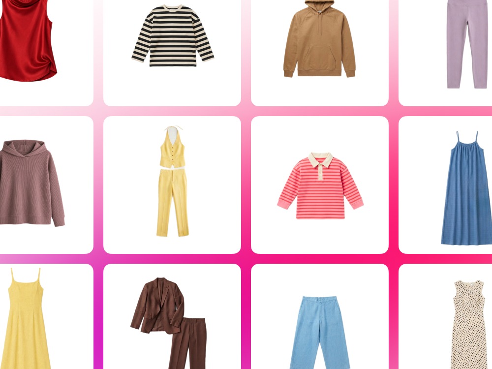 Grid of clothing product photos including tops, dresses, and outfits, ready for batch editing in Bazaart