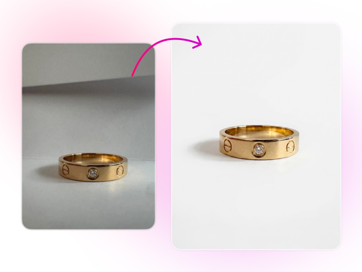 Before-and-after of a gold diamond ring photo enhanced into a clean, bright studio-style product shot with Bazaart AI