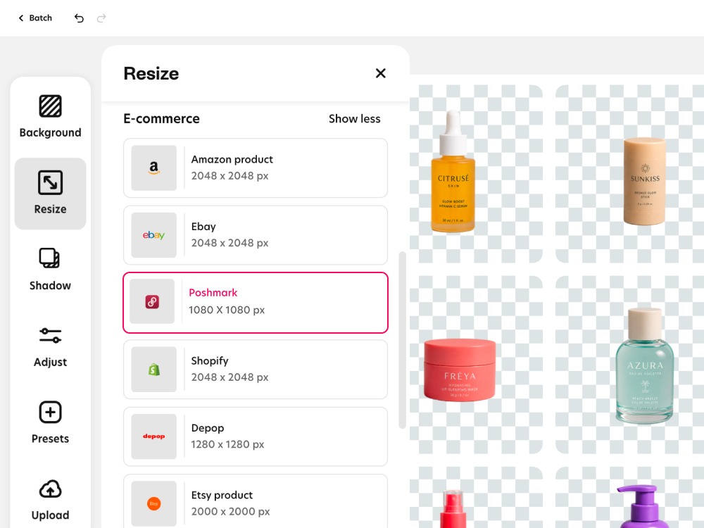 Bazaart Batch Resize panel with e-commerce marketplace presets, shown alongside a grid of cutout beauty product photos