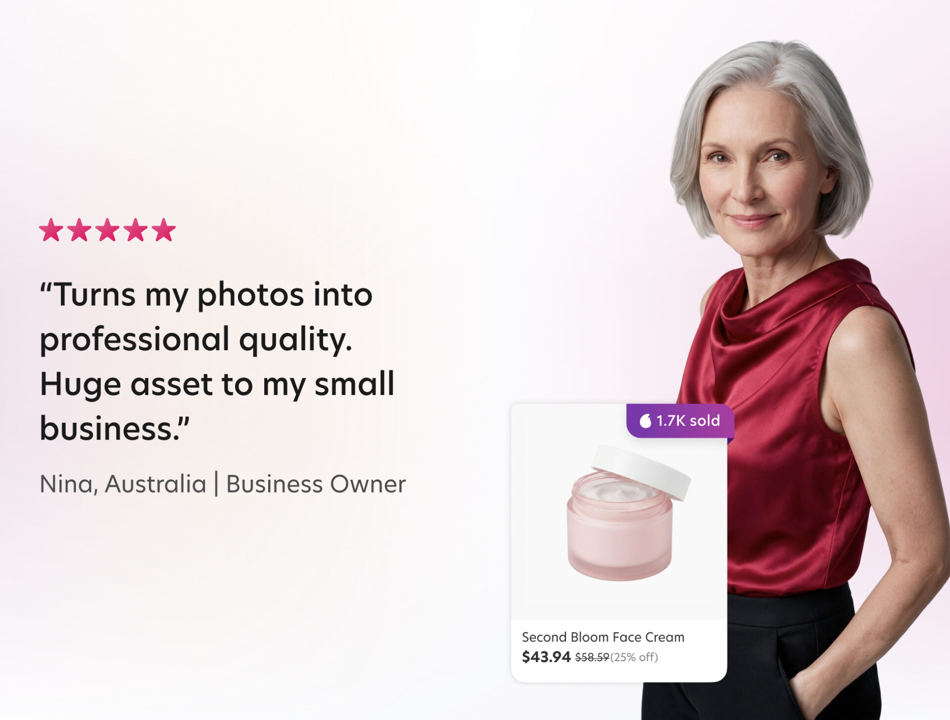 Five-star testimonial from Nina, a business owner in Australia, praising Bazaart for turning her photos into professional quality