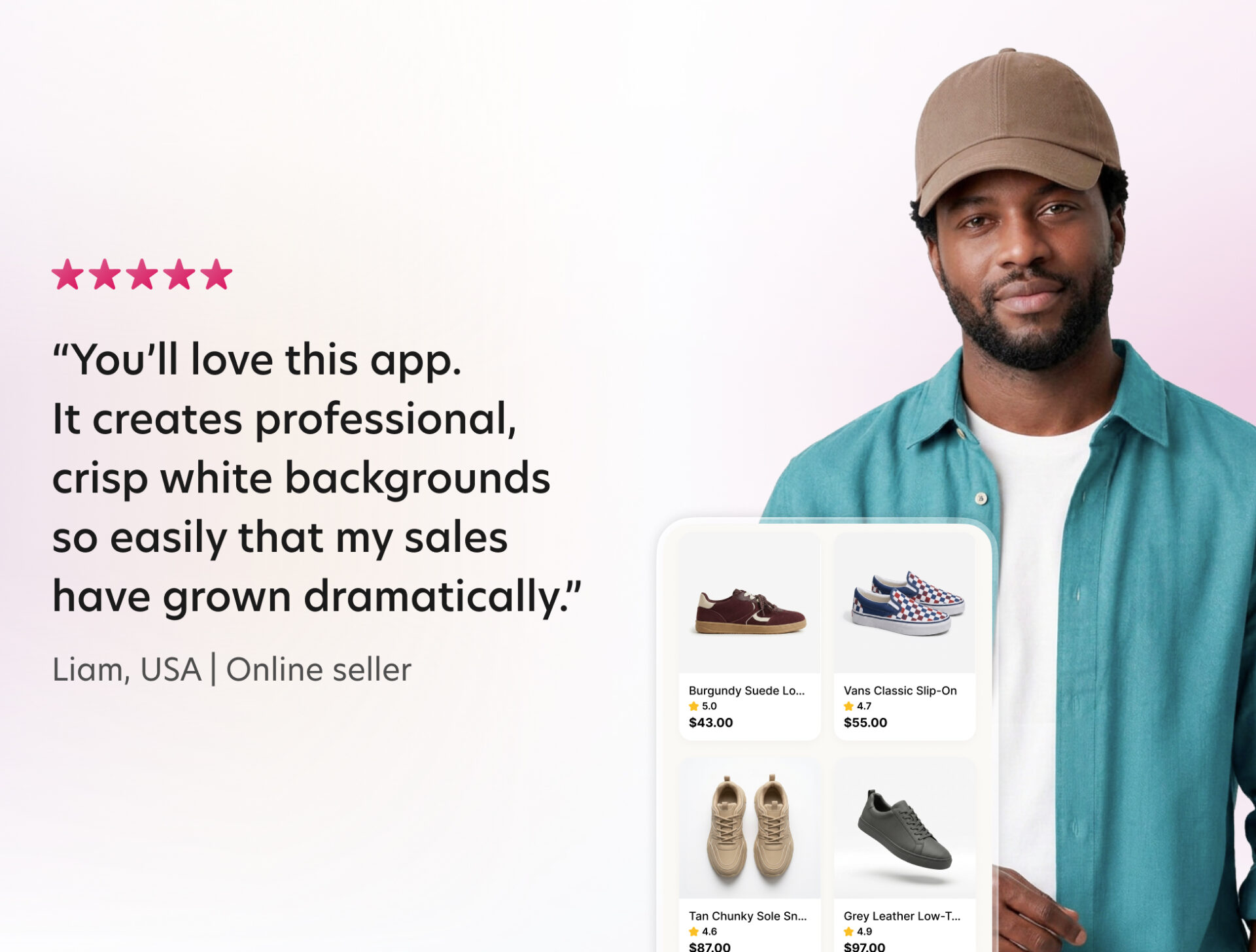 Five-star testimonial from Liam, an online seller in the USA, praising Bazaart for professional white backgrounds that grew his sales