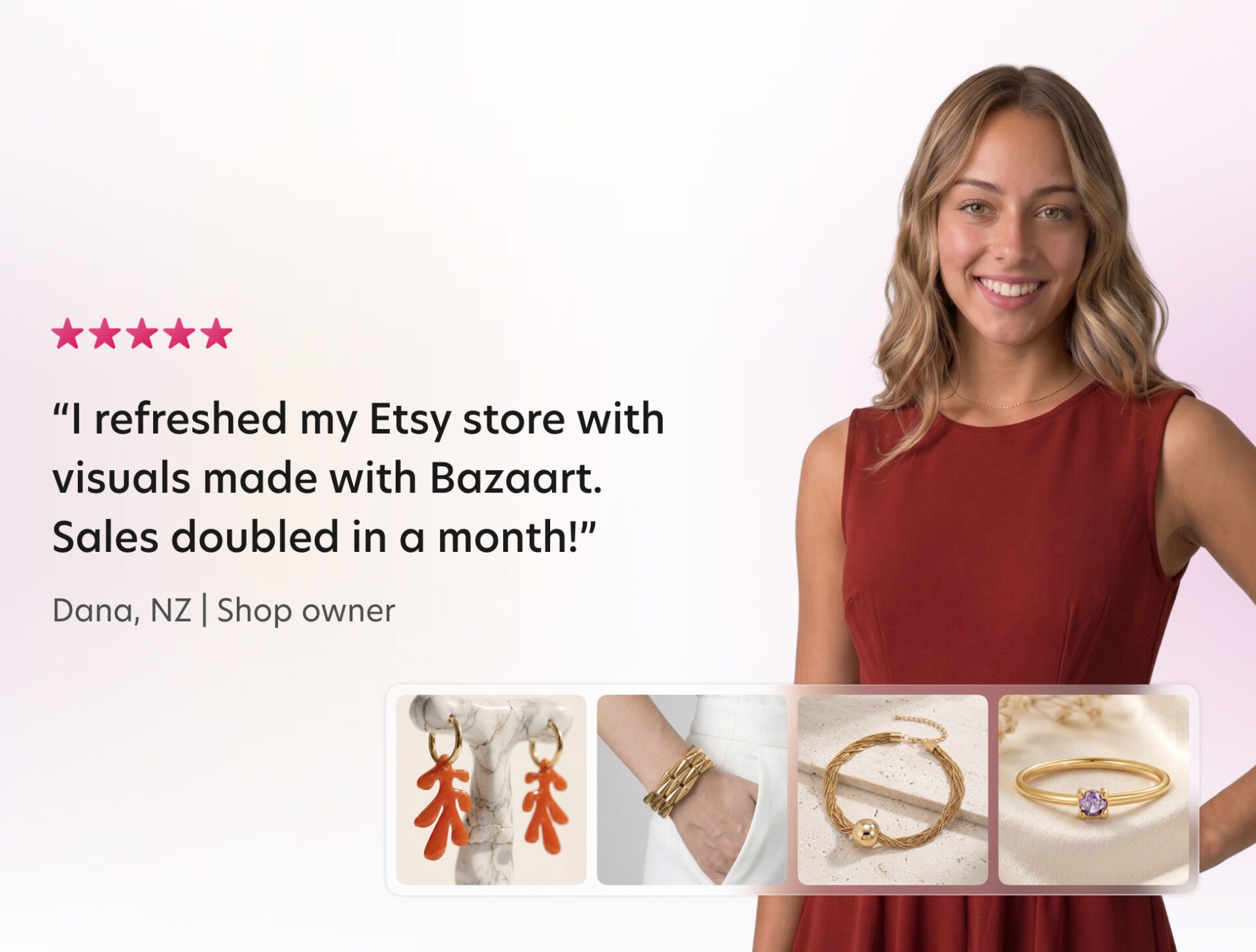 Five-star testimonial from Dana, a shop owner in New Zealand, saying Bazaart visuals doubled her Etsy sales in a month