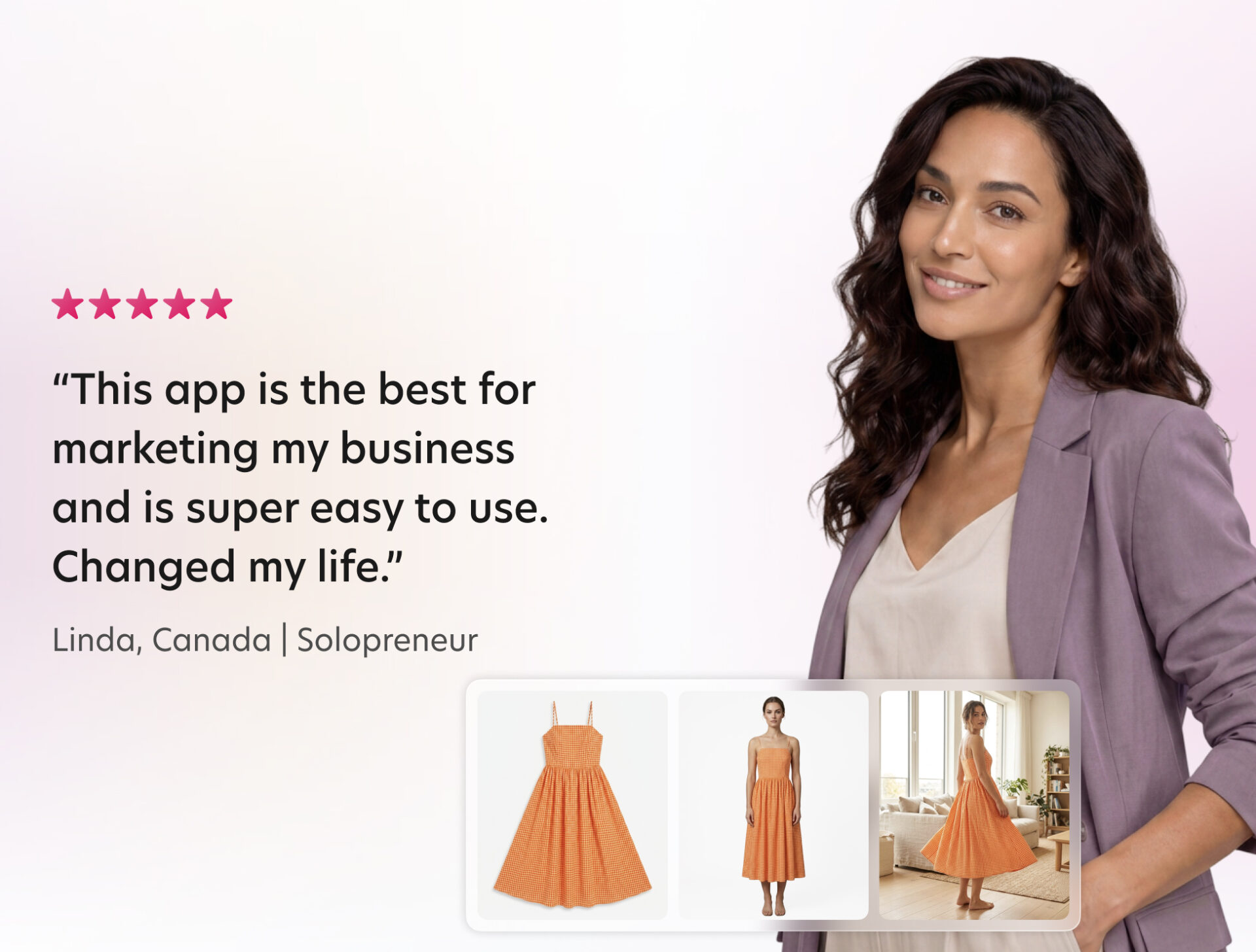 Five-star testimonial from Linda, a solopreneur in Canada, calling Bazaart the best app for marketing her business